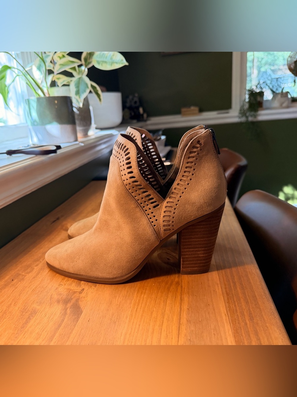 Vince Camuto Stone/Tan Suede Cutout Ankle Booties
